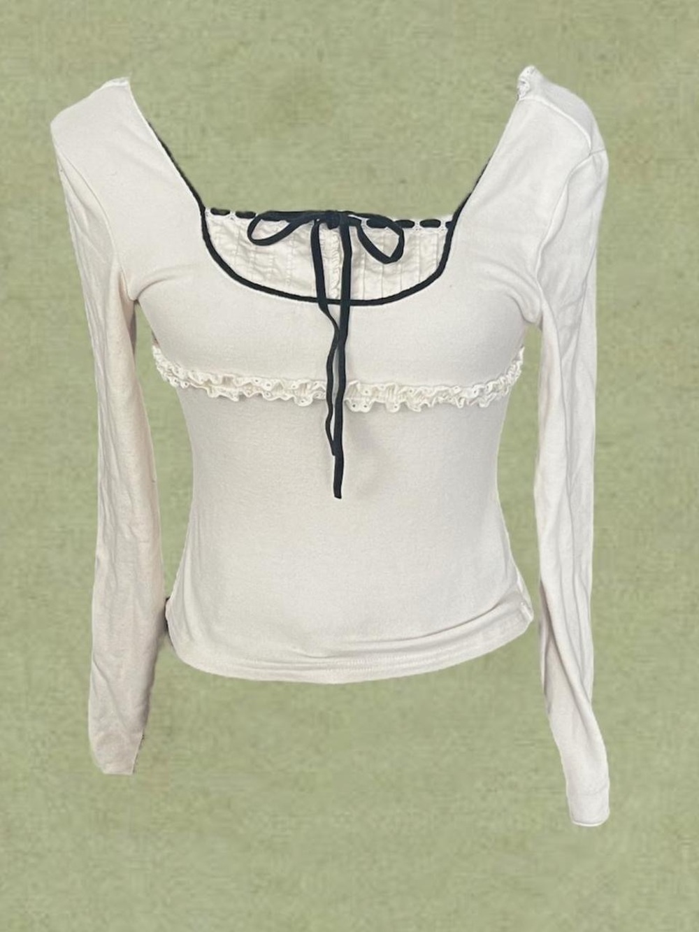 Women’s Cream Long-Sleeve Square Neck Top with Contrast Tie